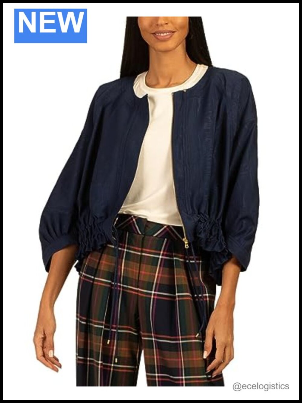 Trina Turk Prita Jacket Casual Zip Up 3/4 Sleeve Drawstring Hem Rayon